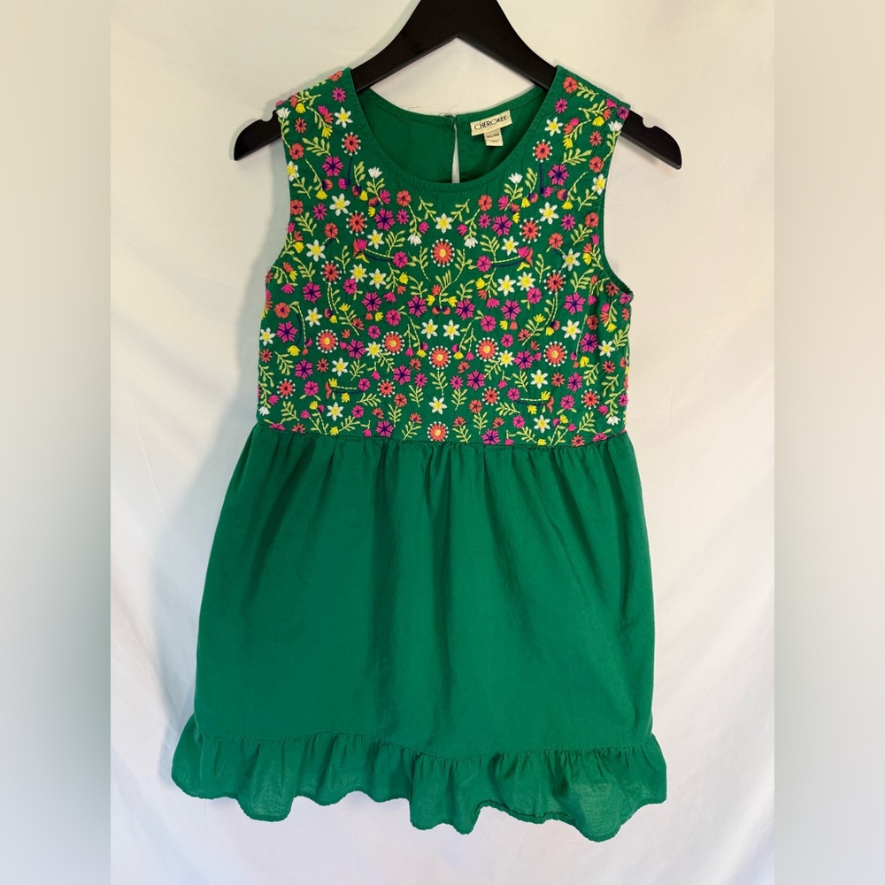 Cherokee 100% Cotton Green Sleeveless Dress with Pink & Yellow Floral Embroidery